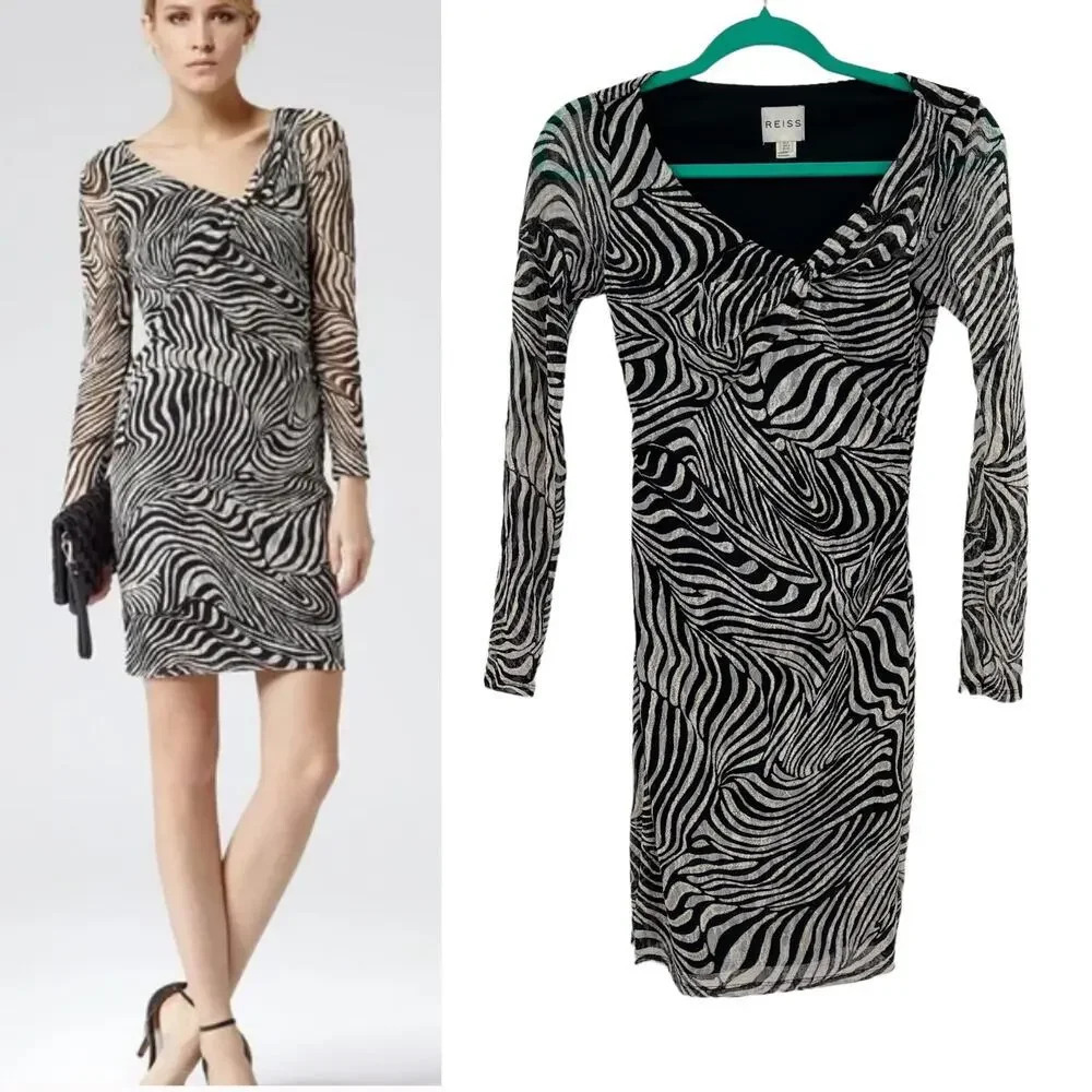 Reiss Zebra Swirl Stripe Print Mesh Ruched Mini Dress‎ Black Cream Size US 0
